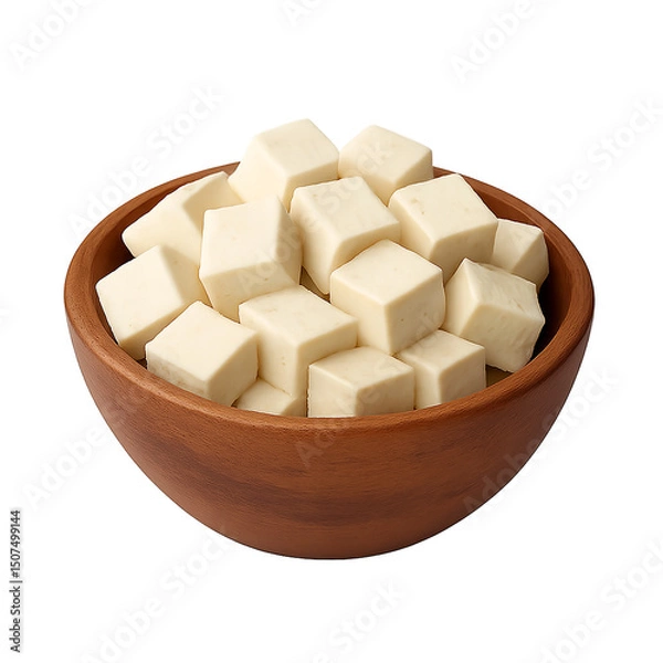 Obraz Cubes of tofu in brown bowl on transparent background, healthy vegan protein source