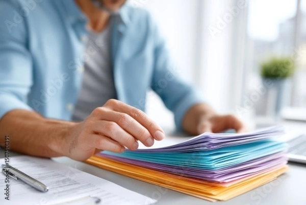 Fototapeta Organizing vibrant documents and items for improved inventory management in a modern workspace