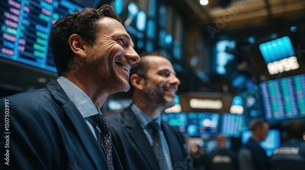 Fototapeta Successful executives monitoring real-time data on busy stock exchange trading floor