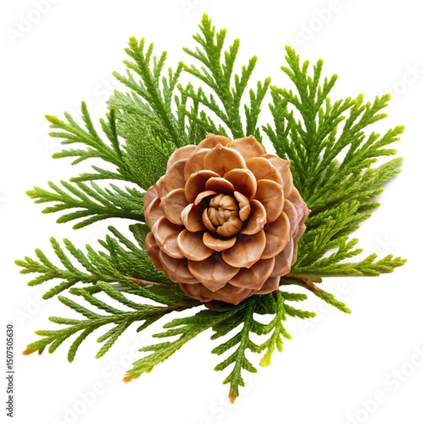 Fototapeta Pine cone and cedar sprigs arrangement isolated on a white background png ai generated