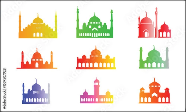 Fototapeta Colorful Mosque silhouette vector icon set illustration on white background.	
