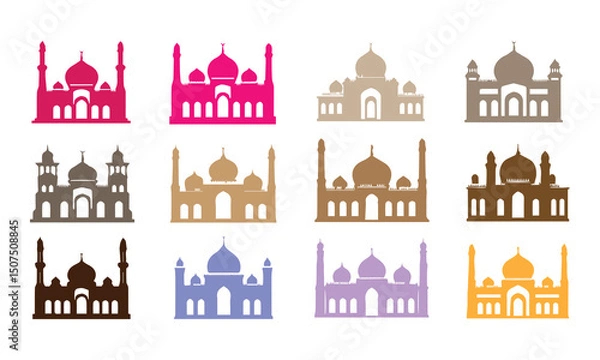 Fototapeta Colorful Mosque silhouette vector icon set illustration on white background.	