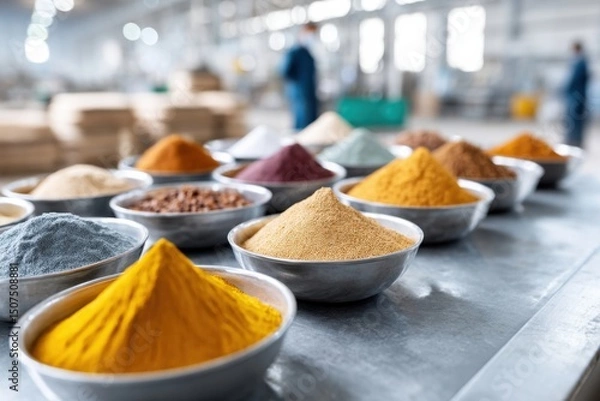 Fototapeta Close-up view of colorful bulk goods in a bright manufacturing environment suitable for various applications