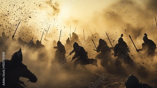 Fototapeta Ancient warriors charging into battle through dust