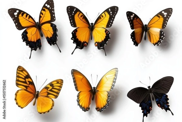 Obraz Vibrant Butterflies Displaying Orange and Black Wings on White Background