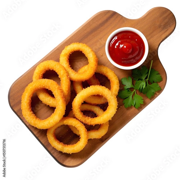 Obraz Crispy onion rings with ketchup on wooden board isolated on transparent background