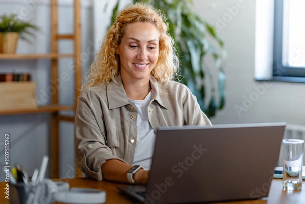 Fototapeta Smiling woman working on a laptop at a wooden desk in a cozy home office, enjoying a productive day in a relaxed and modern workspace.
