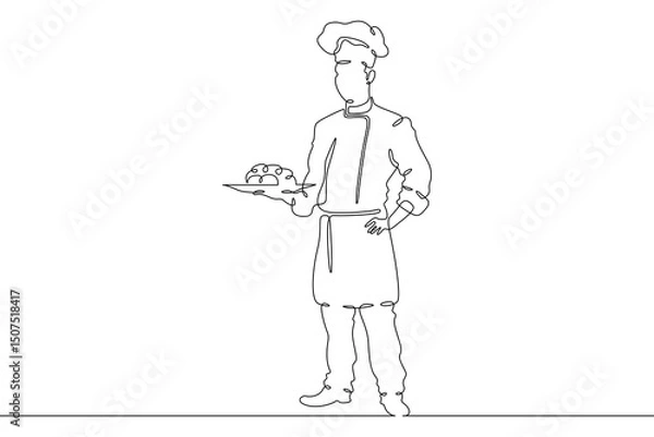 Fototapeta Continuous one line drawing  Male chef in a hat. Chef in the kitchen. The cook is cooking.One continuous line isolated minimal illustration.Not AI.