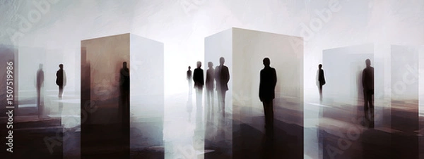 Obraz Abstract silhouettes of people stand within modern box-like structures, creating an ethereal atmosphere of mystery and depth.