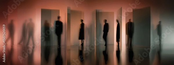 Obraz Abstract silhouettes of people standing within modern box-like structures, creating an ethereal atmosphere of mystery and depth.
