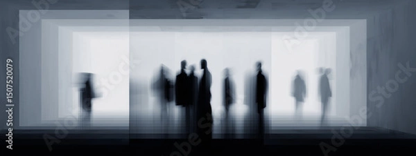 Obraz Abstract silhouettes of people standing within modern box-like structures, creating an ethereal atmosphere of mystery and depth.
