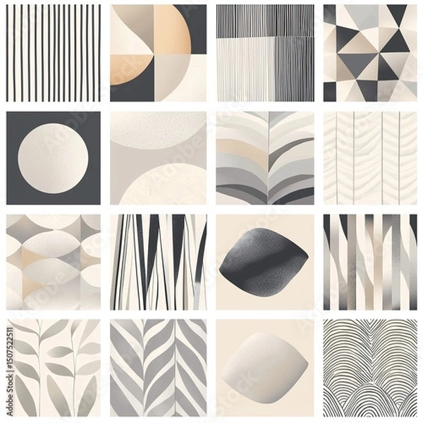 Obraz Modern neutral abstract patterns set in geometric and organic forms. Minimalist design ideal for home decor, wall art, packaging, and branding in soft beige, gray, and black tones.