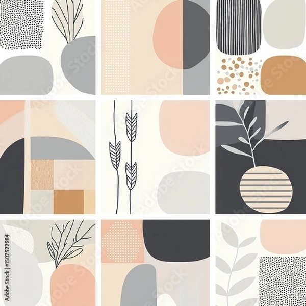 Obraz Scandinavian abstract Christmas design with minimal shapes, soft neutral tones, and festive Nordic style. Background for holiday decor, cards, packaging, and modern seasonal branding.