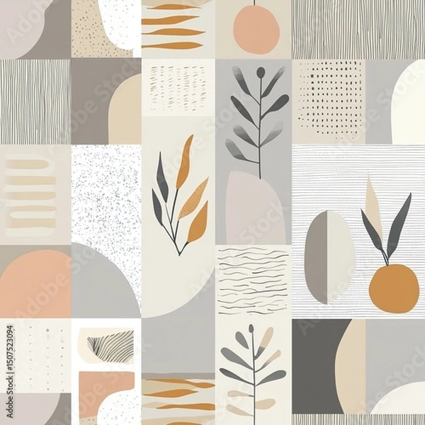 Obraz Scandinavian abstract Christmas design with minimal shapes, soft neutral tones, and festive Nordic style. Background for holiday decor, cards, packaging, and modern seasonal branding.