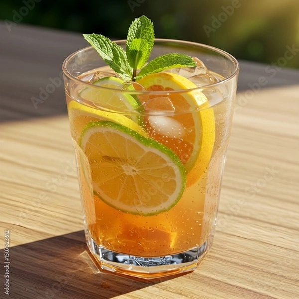 Fototapeta Refreshing lemonade with citrus fruits, mint leaves, ice cubes on a wooden table under sunlight
