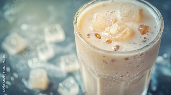 Fototapeta Vanilla Protein Shake in a Glass with Ice Cubes