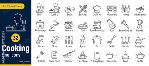 Obraz Cooking line icon set, kitchen utensils icon, editable stroke, pixel perfect, isolated on a white background.