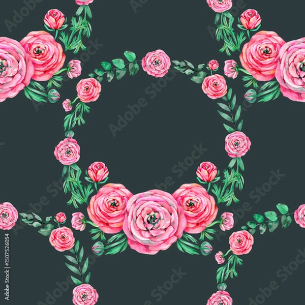 Fototapeta Mothers Day pink peonies buttercup flowers with eucaluptus leaves watercolor seamless pattern on white. Floral garden roses repeat background for spring wedding design and fabrics