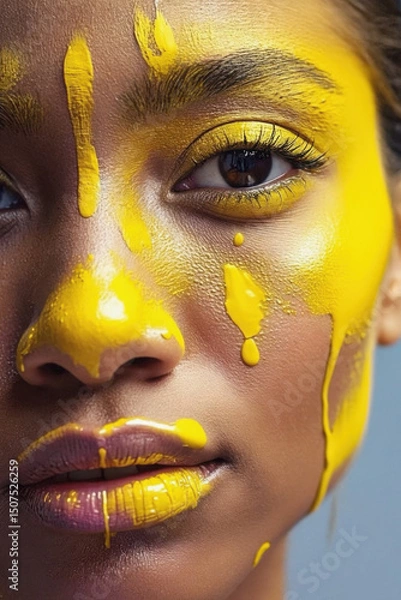 Fototapeta Female face covered with yellow paint close-up woman beauty. AI Generative