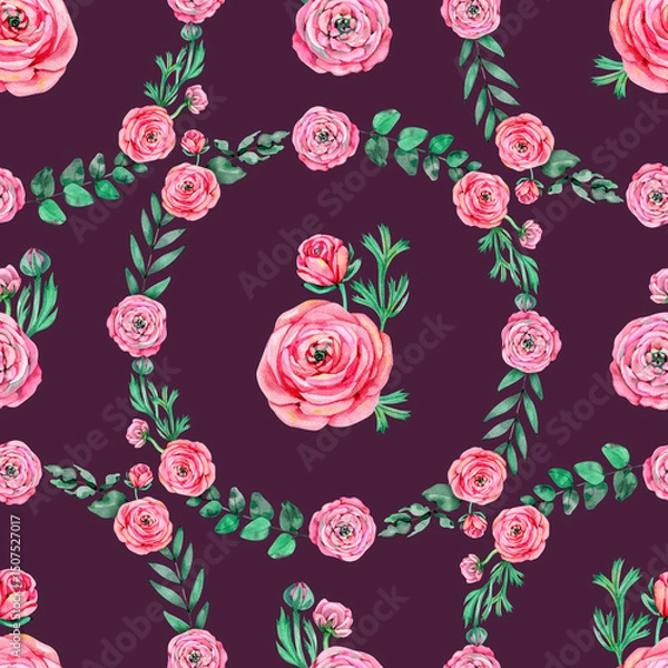 Fototapeta Mothers Day pink peonies buttercup flowers with eucaluptus leaves watercolor seamless pattern on white. Floral garden roses repeat background for spring wedding design and fabrics