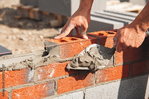 Obraz Close-up of Skilled worker laying bricks with trowel on construction site