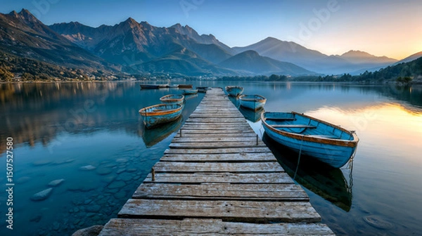Obraz Quiet Lake Pier with Rowboats at Dusk
