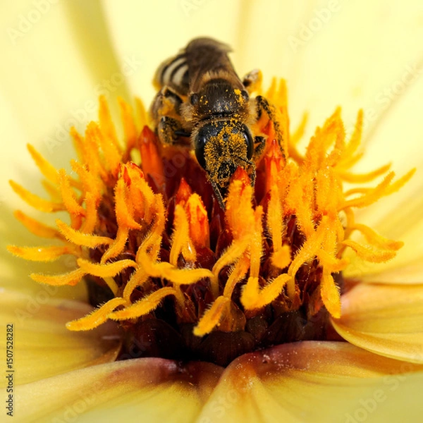 Obraz Macro of honey bee (Apis) feeding on yellow dahlia with lots of pollen grains on the head and seen from front