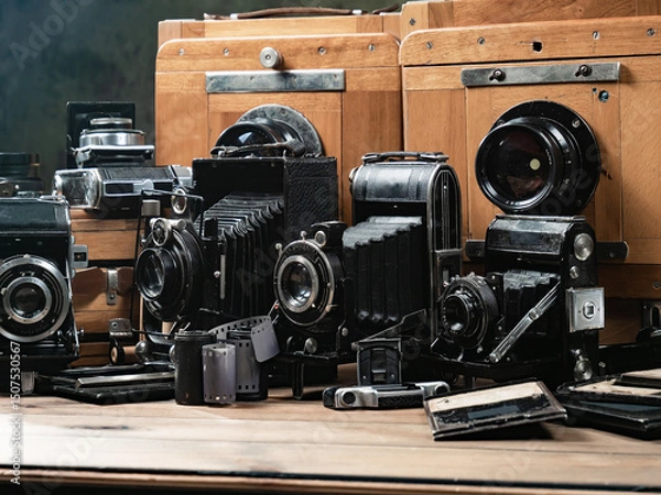 Fototapeta Old cameras in a composition on a wooden background
