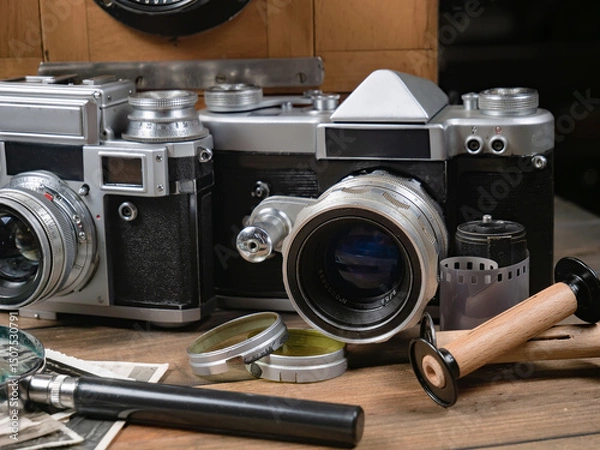 Fototapeta Old cameras in a composition on a wooden background