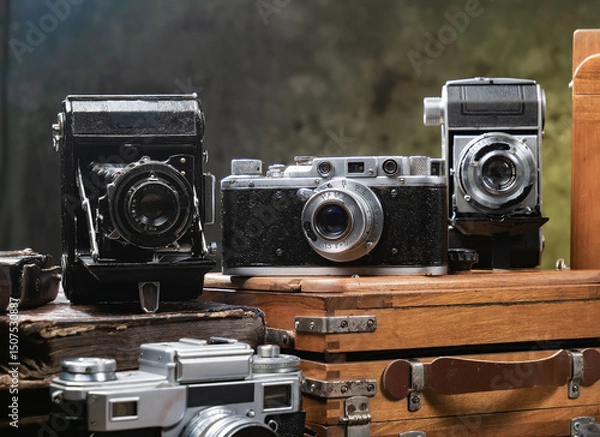 Fototapeta Old cameras in a composition on a wooden background