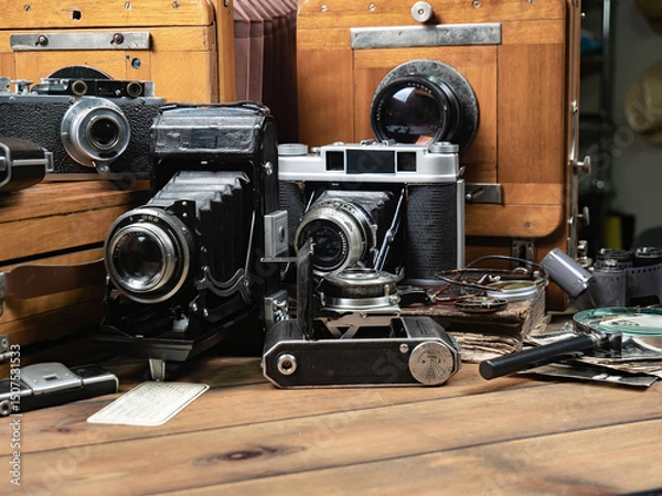 Obraz Old cameras in a composition on a wooden background