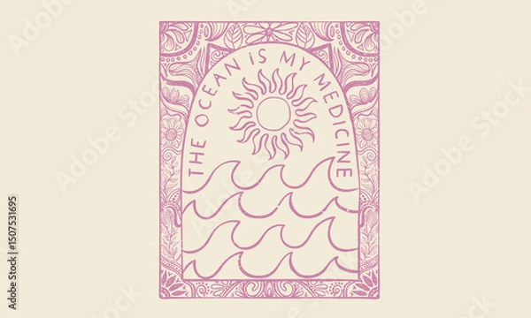 Fototapeta Sunshine with ocean wave art. Beach good vibes. Beach modern abstract art. Enjoy beach life. Sunshine paradise graphic print design. Enjoy beach life. Summer vibes artwork. 