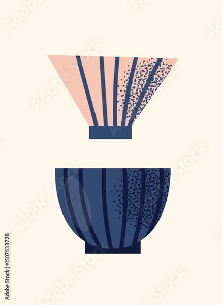 Obraz Asian tea ceremony utensils teapot, bowls, whisk, spoon, tray isolated on background. Flat vector illustration in decorative modern style. Tea culture and mindfulness concept