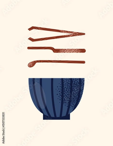 Obraz Asian tea ceremony utensils teapot, bowls, whisk, spoon, tray isolated on background. Flat vector illustration in decorative modern style. Tea culture and mindfulness concept