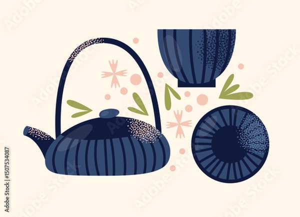 Obraz Asian tea ceremony utensils teapot, bowls, whisk, spoon, tray isolated on background. Flat vector illustration in decorative modern style. Tea culture and mindfulness concept