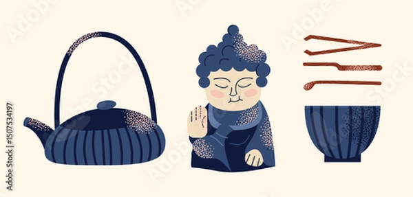 Obraz Asian tea ceremony utensils teapot, bowls, whisk, spoon, tray, and Buddha statue isolated on background. Flat vector illustration in decorative modern style. Tea culture and mindfulness concept