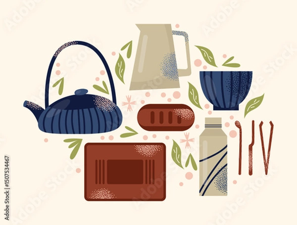 Obraz Asian tea ceremony utensils teapot, bowls, whisk, spoon, tray isolated on background. Flat vector illustration in decorative modern style. Tea culture and mindfulness concept