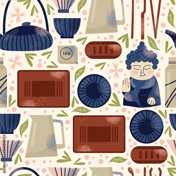 Obraz Asian tea ceremony utensils seamless pattern teapot, bowls, whisk, spoon, tray, and Buddha statue background. Flat vector illustration in decorative modern style. Tea culture and mindfulness concept