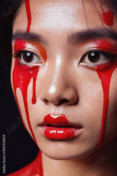 Fototapeta Female face covered with red paint close-up woman beauty. AI Generative