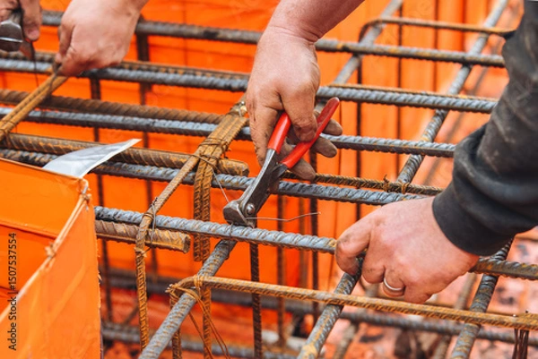 Obraz Close-up of steel fixer construction worker assembling rebar for concrete foundation on building site