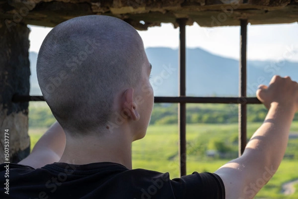 Obraz Rear view of a shaved-headed teenage boy in a solitary prison cell, leaning on the barred window and gazing at the sunset and mountains beyond. Longing for freedom and missing home.