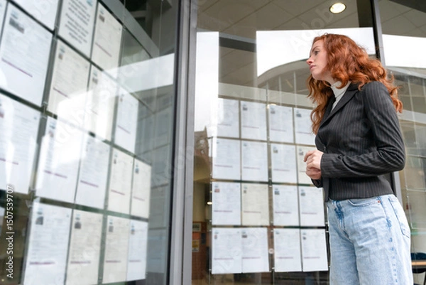 Obraz Young woman examines job listings posted in storefront window  trying to find house to buy or rent on bulletin board outside building