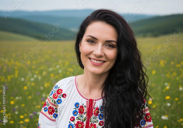 Fototapeta Portrait of a Smiling Woman in Traditional Romanian Blouse