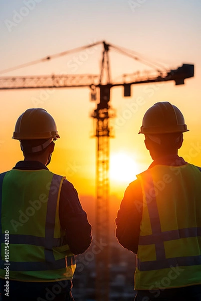 Fototapeta Construction Workers at Sunset. Observing project progress, wearing safety gear. Inspiring teamwork & dedication in construction industry at dawn.