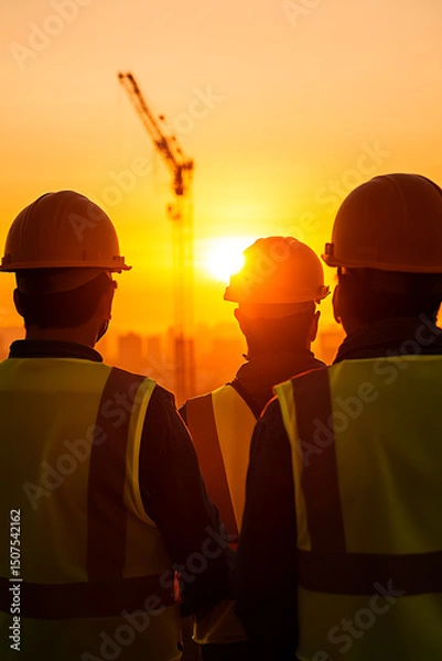 Fototapeta Construction Workers at Sunset: A group of workers wearing hard hats oversee a construction site against a vibrant sunset. The city skyline adds depth.