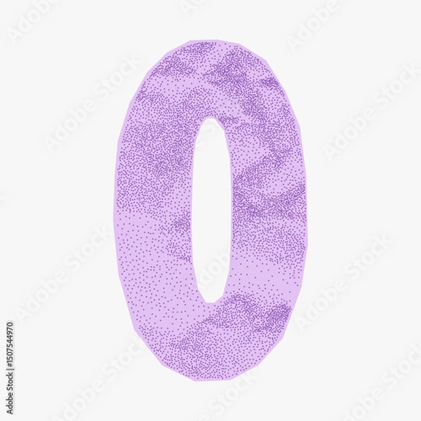 Fototapeta Bright purple number 0 in cute collage style. Crumpled paper texture with jagged torn edges, multicolor ransom note look, playful and bold design for kids.