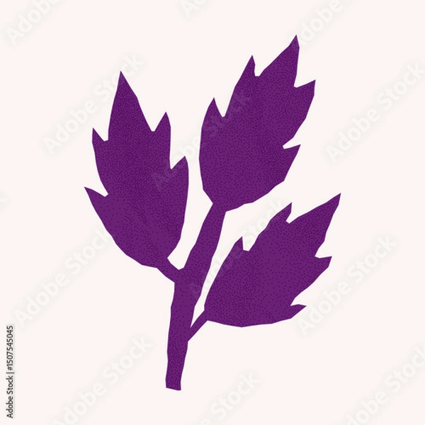 Fototapeta Simple purple leaf silhouette with jagged torn edges. Textured crumpled paper with halftone overlay, perfect for minimal collage aesthetics.