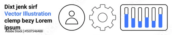 Fototapeta User icon, gear, and progress bar layout blend practicality and style. Ideal for technology, data, teamwork, analytics, personalization, system design and simple landing page