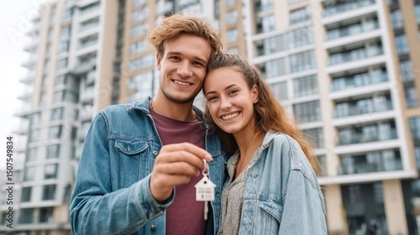 Obraz Happy couple holding house keychain in front of modern apartment building
