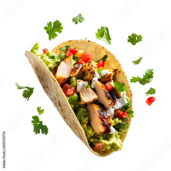 Fototapeta close-up of a taco filled with grilled chicken, splashes of salsa, guacamole, and sour cream bursting around, fresh cilantro leaves flying, isolated on transparent background, png cutout